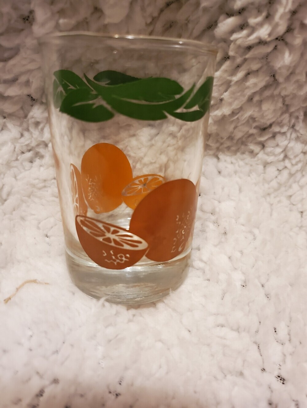 Vintage Anchor Hocking Oranges Juice Glass /w Green Leaf Border Flat